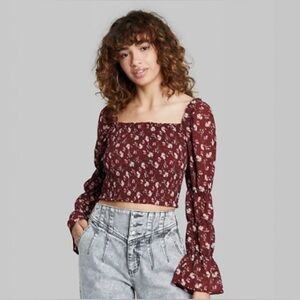 Floral Crop Top Flowy Long Sleeve Blouse